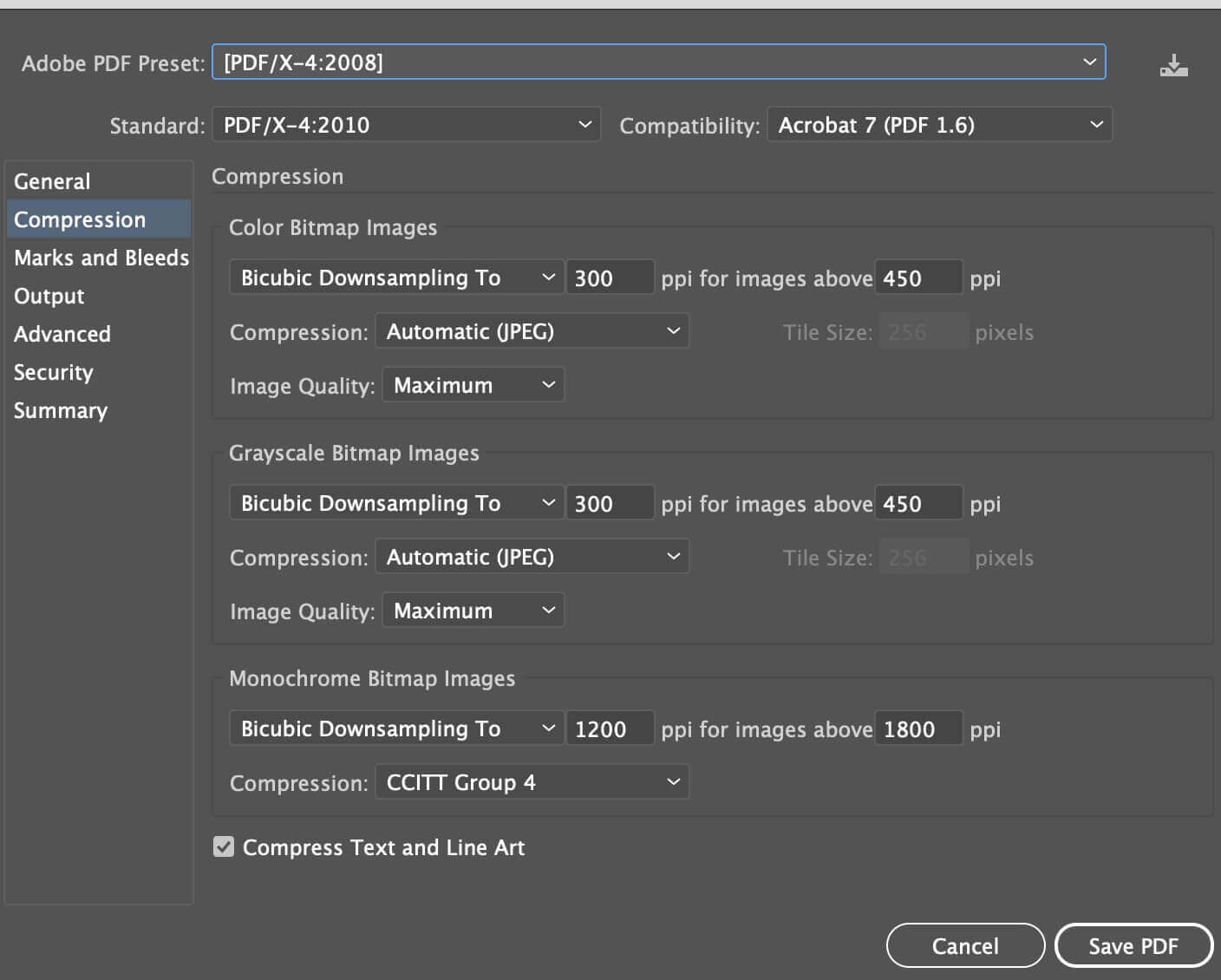 Adobe Illustrator default PDF export compression settings 