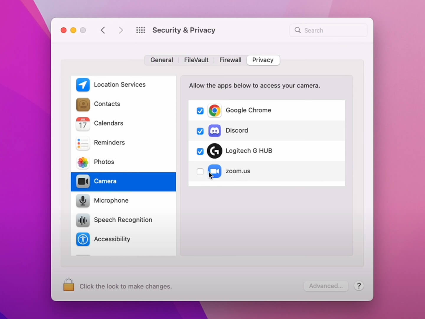 If you get a black screen when you turn on your webcam, check the Security and Privacy system preferences first